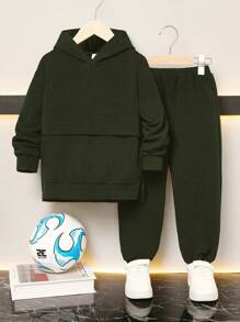 SHEIN Leap Crew 2pcs/Set Young Boys' Casual Hoodie Sweatshirt And Pants Set, Korean Style Loose Fit Comfortable Outfits Suitable For Daily, School, Travel, Sports, Autumn & Winter - Army Green - View 6