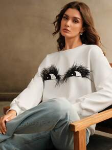 Anewsta Loose Fit Feather Eye Print Pullover Sweatshirt For Women Fall - White - View 4