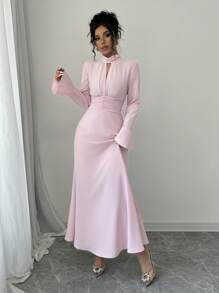 Selianne 女士优雅荷叶边领喇叭袖收腰纯色工作连衣裙 - 粉色 - 查看 5