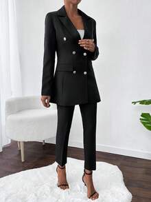 Women Gold Button Blazer Pant Elegant Two Piece Outfit - Black - View 3