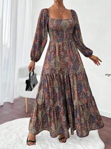 RueChic All Over Printed Texture Fabric, Boho Style, Balloon Sleeve Maxi Dress - Multicolor - View 4