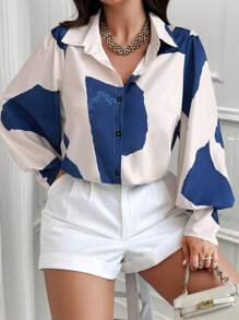 Calvaya Plus Size Casual Random Floral Print Button Down Lantern Sleeve Loose Blouse Women Shirt Fall Cloth For Women - Multicolor - View 3