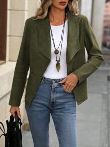 EMERY ROSE Women's Faux Suede Open Cardigan Jacket, Brown - Green - View 4