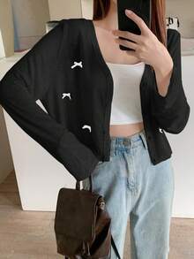 DAZY 女士蝴蝶结装饰镂空长袖夹克 - 黑色 - 查看 5