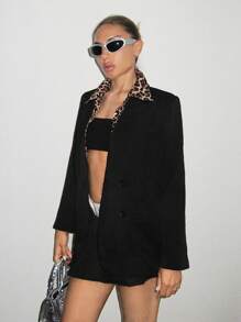 SHEIN ICON Loose Fit Leopard Print 2 In 1 Collar Spliced Suit Jacket - Black - View 4