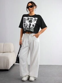 SHEIN EZwear T-shirt ample femme à col ras-du-cou, manches courtes, en tricot de couleur unie, style crop