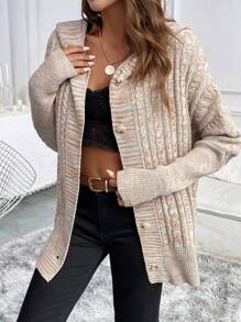 Chiquease Sudadera con capucha de manga larga informal con botones frontales de impresión completa - Caqui - Ver 3