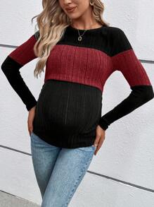SHEIN 孕妇休闲拼色圆领长袖哺乳上衣，春季和秋季 - 紅色 - 查看 6