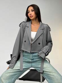 Muchica 女式纯色插肩袖长袖双排扣休闲短款风衣，秋冬 - 灰色 - 查看 7