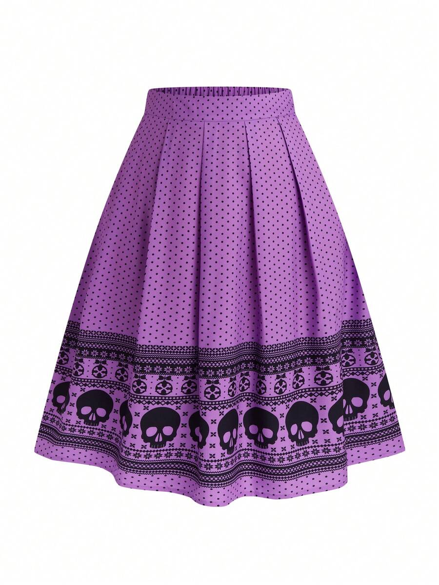 SHEIN LUNE Chân váy Simpie in xếp ly cỡ lớn, thường ngày - Màu tím - Xem 1