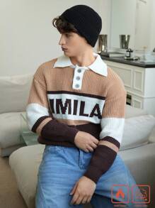 Manfinity Roghcode Pulover pentru bărbați, ocazional, de culoare solidă, cu mâneci lungi, cu guler polo, mozaic - cafea maro - Vizualizare 4