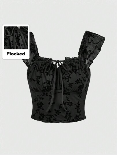 Summer Gothic Style Crop Top For Women With Floral Print Fabric, Pleats & Bowknot Decoration