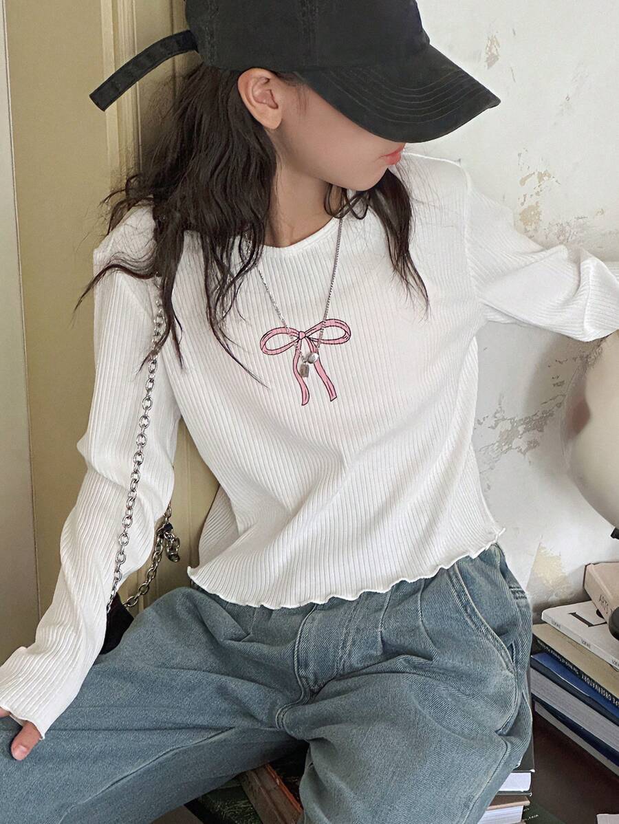 Dazy Kids Tween Girl Round Neck Knit Printed T-Shirt, Autumn Clothes,Back To School Clothes