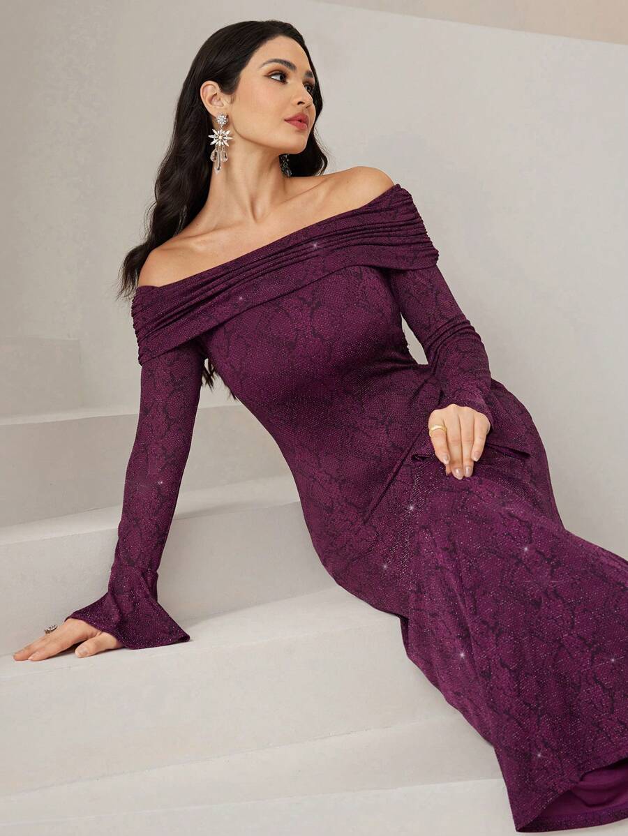 Modelyn Women's Solid Color Off Shoulder Ruffle Elegant Long Sleeve Dress Long Evening Dresses