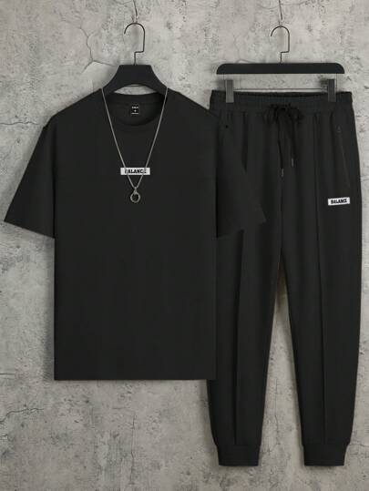 Manfinity Homme 2 件套男士休闲字母印花运动短袖 T 恤和裤子套装，夏季