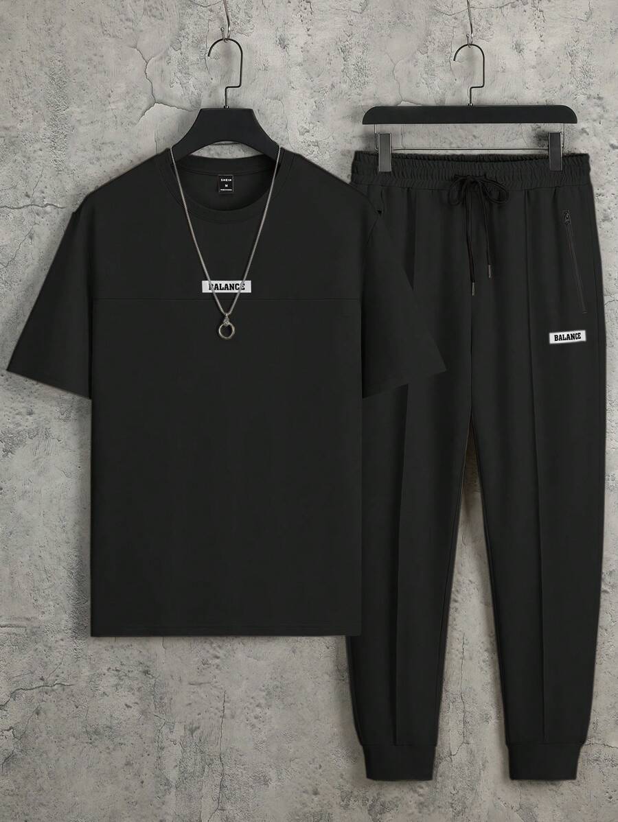 Manfinity Homme 2 件套男士休闲字母印花运动短袖 T 恤和裤子套装，夏季 - 黑色 - 查看 1