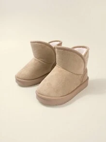 1 双男童卡其色平底雪地靴，时尚简约舒适保暖内衬休闲冬靴