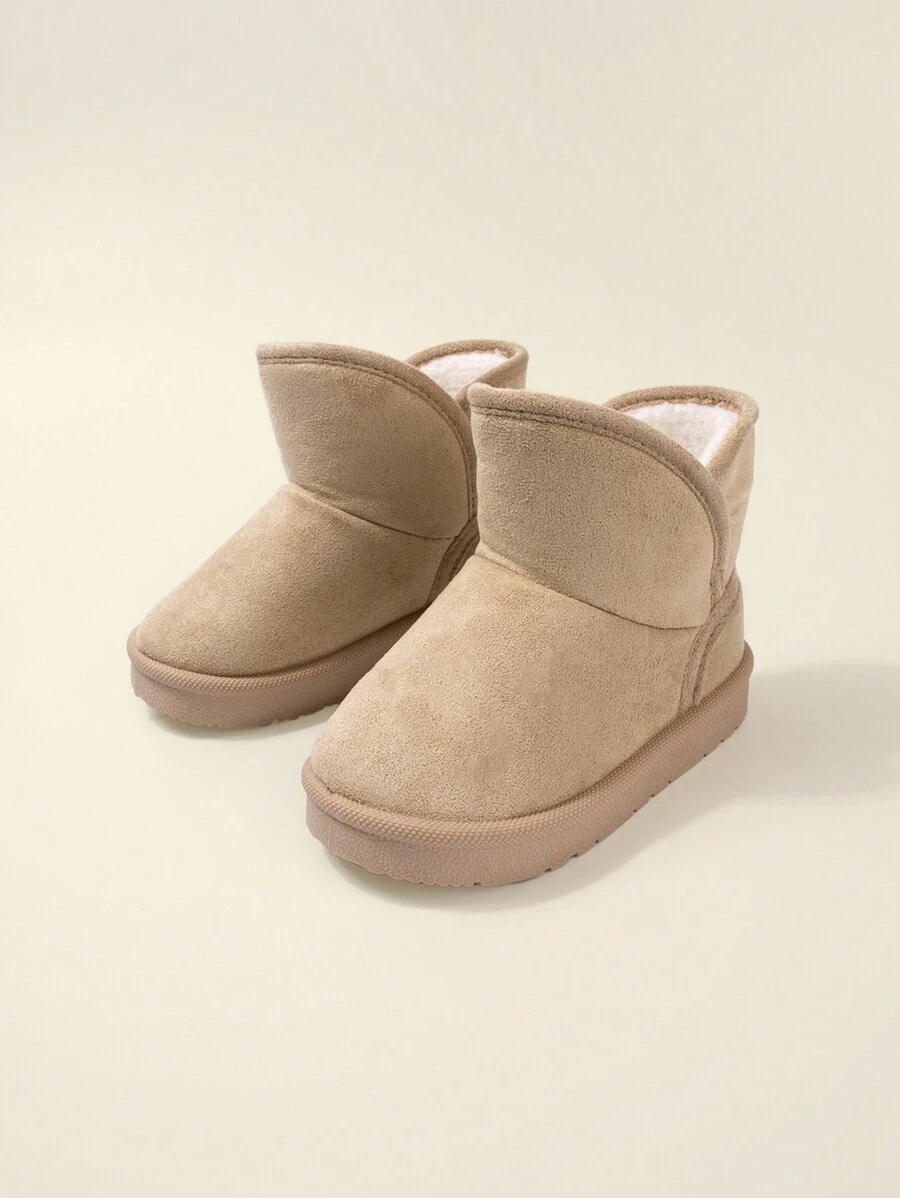 1 双男童卡其色平底雪地靴，时尚简约舒适保暖内衬休闲冬靴