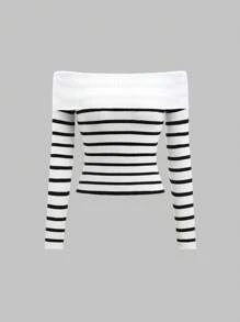 Sweetra Suéter ajustado con hombros descubiertos y diseño de rayas plegable para mujer