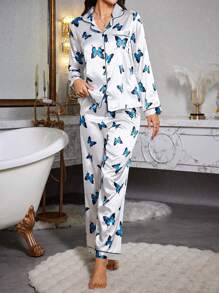 LuxeNights Faux Silk Butterfly Print Lapel Collar Long Sleeve Pajama Set Bridal-Lingerie, Fall Winter Clothes Cozy And Elegant Details - White - View 5