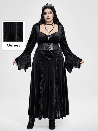 Goth Plus Size Flocked Patchwork Flocking Flare Sleeve Dress