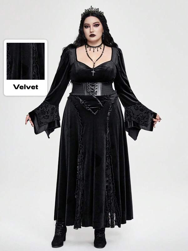 ROMWE Goth Robe à manches évasées avec patchwork et effet floqué, tailles plus