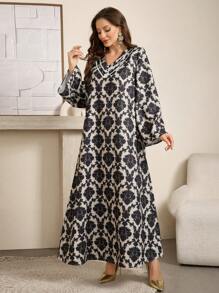 Al Najma Tunique élégante à manches longues avec imprimé intégral col V pour femmes. Robe traditionnelle arabe et Kaftan modeste en ligne A, pour le casual/la maison/la détente extérieure