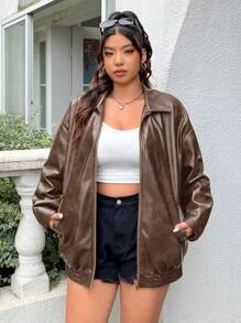 SHEIN EZwear Chaqueta de talla grande de piel de imitación desgarrada y de corte holgado, para invierno - Marrón Mocha - Ver 5