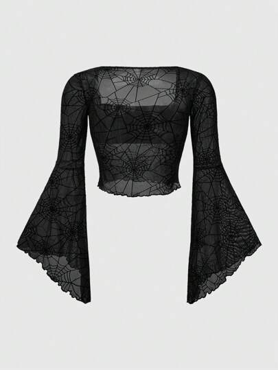Goth Parte superior para mujer de corte slim con cuello cuadrado, manga de campana y estampado de telaraña gótica, talla grande