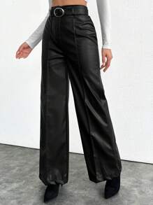 SHEIN Tall Women's Belted PU Leather Pants - Black - View 4