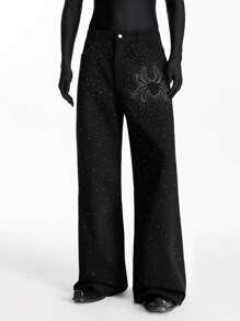 NEON BLANC Halloween Men's Streetwear Spider Print Rhinestoned Jeans, Style Plain Wide Leg Black Washed Jeans, For Husband, Boyfriend Gifts - Black - View 2