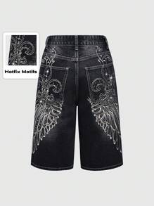 ROMWE Grunge Punk Women's Punk Street Style Tokyo Street Fashion Culture Oversized Embroidered & Rhinestone Decorated Denim Shorts - Black - View 1