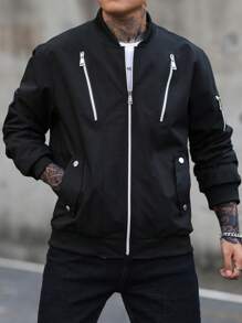 Manfinity Homme Men's Casual Zip-Front Long Sleeve Loose Fit Baseball Jacket, Spring & Fall - Black - View 3