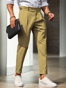 Manfinity Bizformal Pantalones casuales rectos y sueltos con pliegues de unicolor para hombre, apropiados para ir al trabajo - Mostaza Amarilla - Ver 4