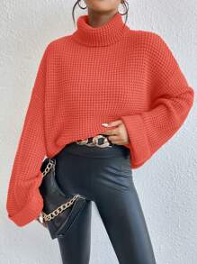 EMERY ROSE Women's Solid Color Loose Fit Turtleneck Drop Shoulder Knit Pullover Sweater, Autumn/Winter, Knit Pullover Fall - Orange - View 6