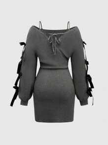 ROMWE Kawaii Vestido jersey ajustado con decoración de lazo romántico suave para mujer en estilo Himekaji