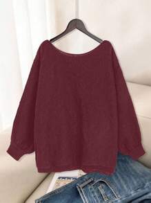 SHEIN LUNE Sweater Rajut Kasual Leher Bulat Bordir Bunga Ukuran Besar untuk Musim Gugur dan Musim Dingin - Burgundy - View 2