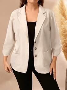 Chaqueta blazer con solapa, manga 3/4 y volante, unicolor, para mujer talla grande, primavera y otoño - Albaricoque - Ver 4