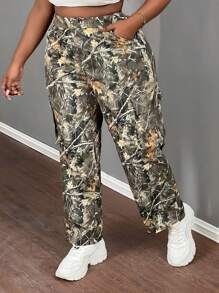 Slaydiva Pantalones holgados de carga casuales con estampado de ramas para mujeres de talla grande