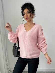 SHEIN Unity Women's Casual V-Neck Loose Drop Shoulder Long Sleeve Sweater, Autumn/Winter, Knit Pullover Fall - Pink - View 3