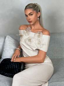 Chiquease Solid Color Floral Embroidered V-Neck Short Sleeve Knit Top - Apricot - View 1