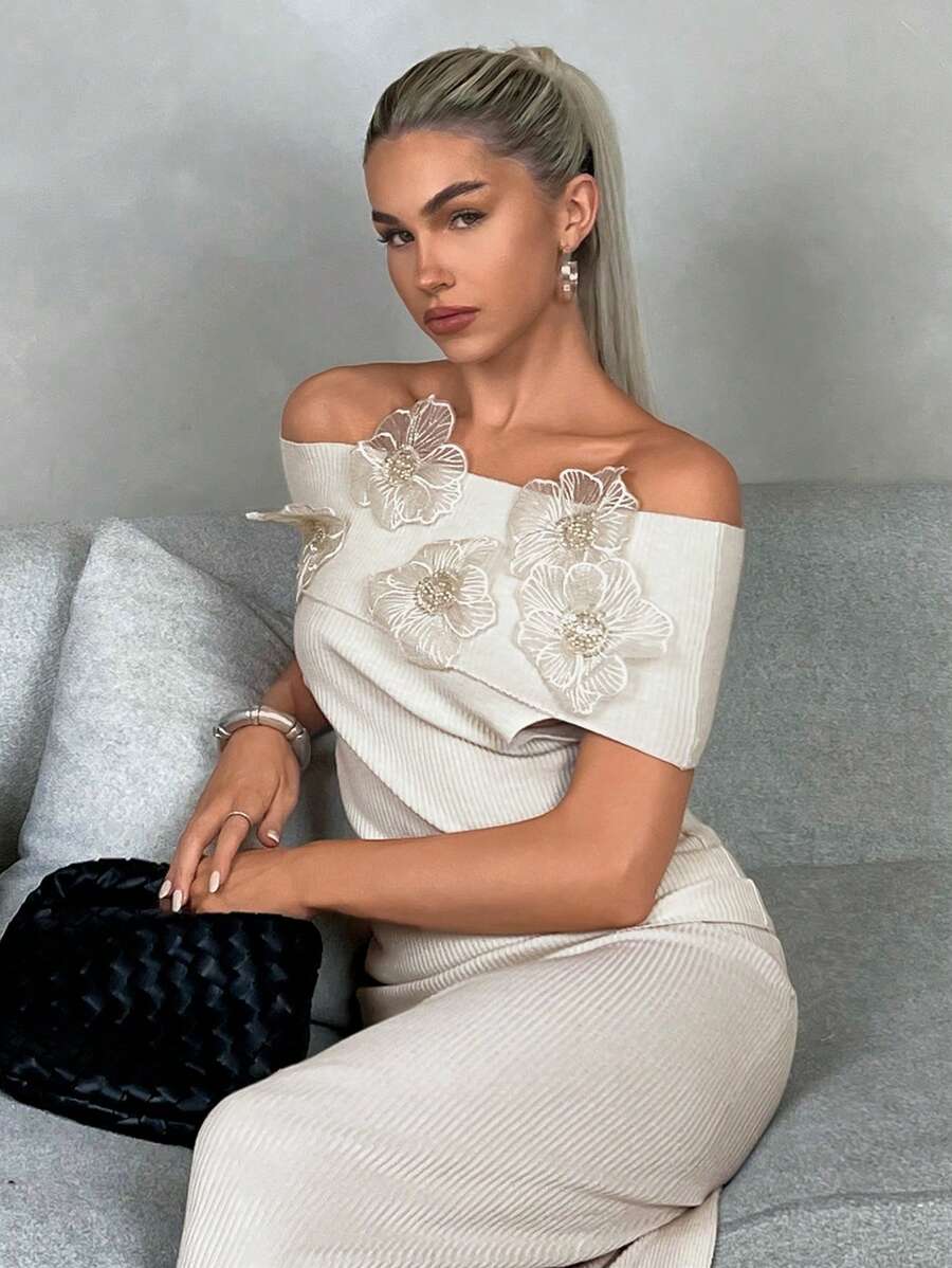 Chiquease Solid Color Floral Embroidered V-Neck Short Sleeve Knit Top - Apricot - View 1