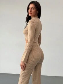 Aloruh بدلة مكونة من قطعتين رقبة طاقم محصورة والبنطال الواسع على الخصر المحزوم بإبزيم، تضم ملابس علوية محبوك ومجموعة بنطلون محبوك، متعددة الحمل - كاكي - مشاهدة 8