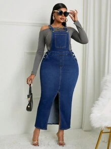 SHEIN SXY Plus Size Sexy Elastic Denim Slit Strap Dress