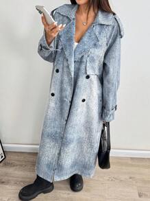 SHEIN EZwear Abrigo largo de efecto de mezclilla informal y holgado para mujer, de otoño/invierno