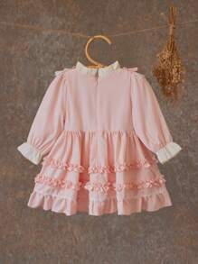 SHEIN Baby Girl Ruffle Collar Floral Embroidered Long Sleeve Dress - Pink - View 2