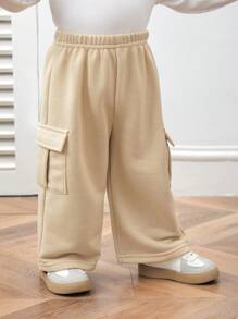 SHEIN Leap Crew Quần ống đứng dệt kim rộng rãi thoải mái có túi, phong cách Hàn Quốc cho bé trai và bé gái - Màu be - Xem 5