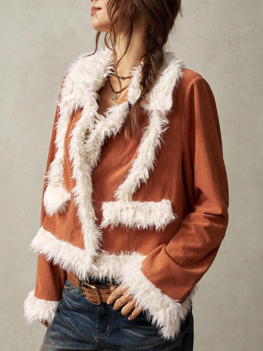 Bohemela 1pc Women's Vacation Regular Lapel Long Sleeve Jacket - Orange - View 1