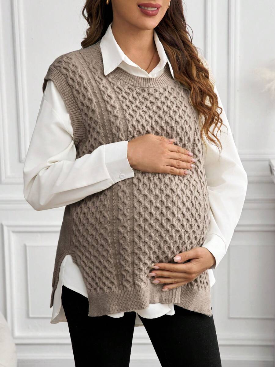 SHEIN Maternity Solid Crew Neck Sleeveless Split Sweater Top - Khaki - View 1