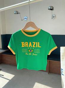 CovetEZ Áo thun tay ngắn cổ tròn in chữ thường ngày mùa hè dành cho nữ cỡ lớn - màu xanh lá - Xem 1